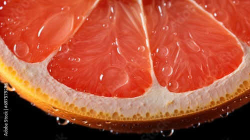 Close-up of a juicy grapefruit slice with water droplets