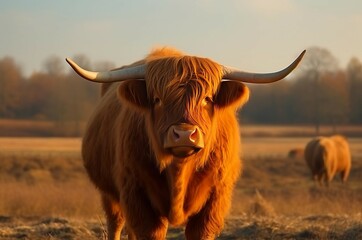 Tableau sur aluminium  Highland cattle cow. Countryside Scottish hairy horned brown animal. Generate ai  © nsit0108