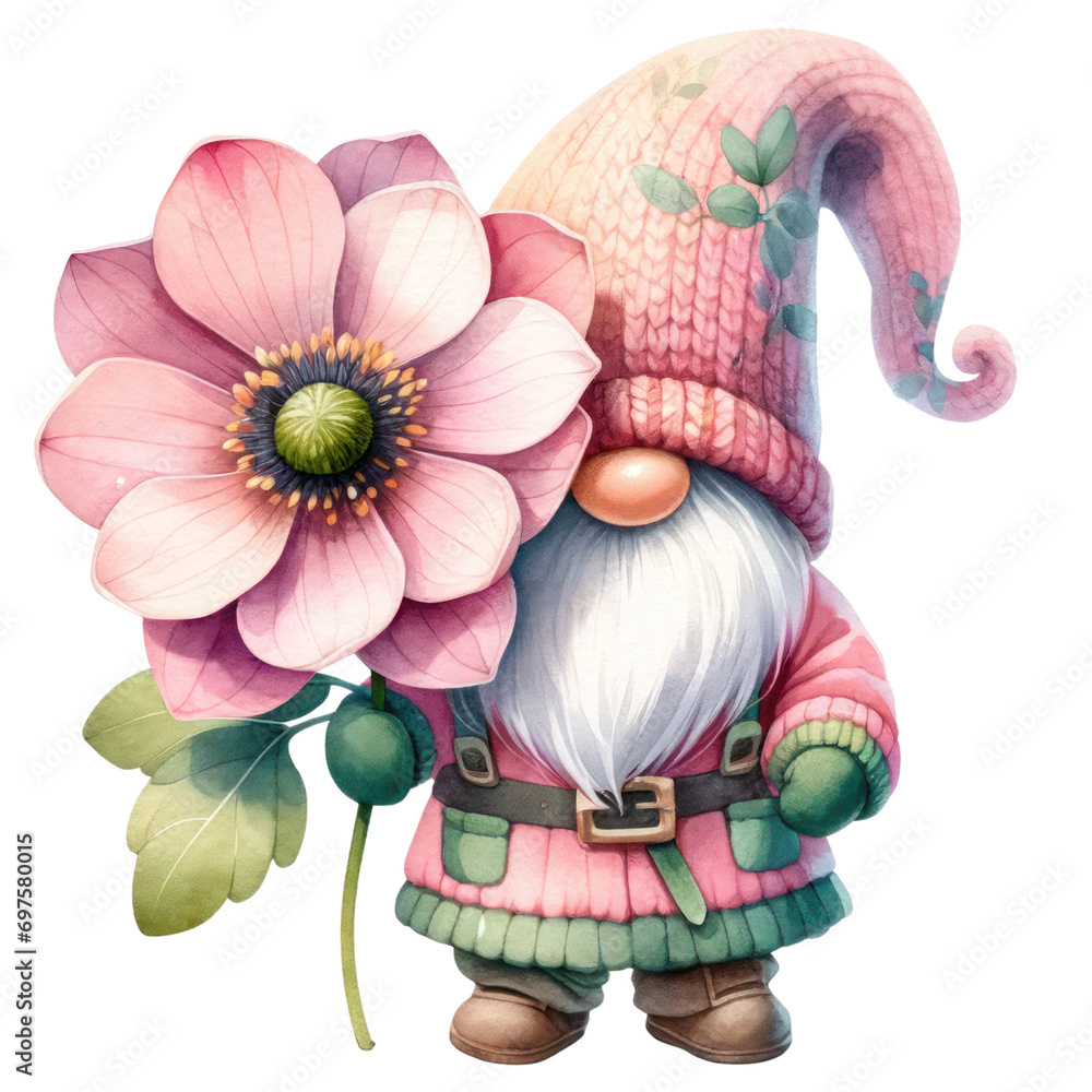 A delightful watercolor illustration of a gnome holding a large pink flower, capturing a moment of garden enchantment.
