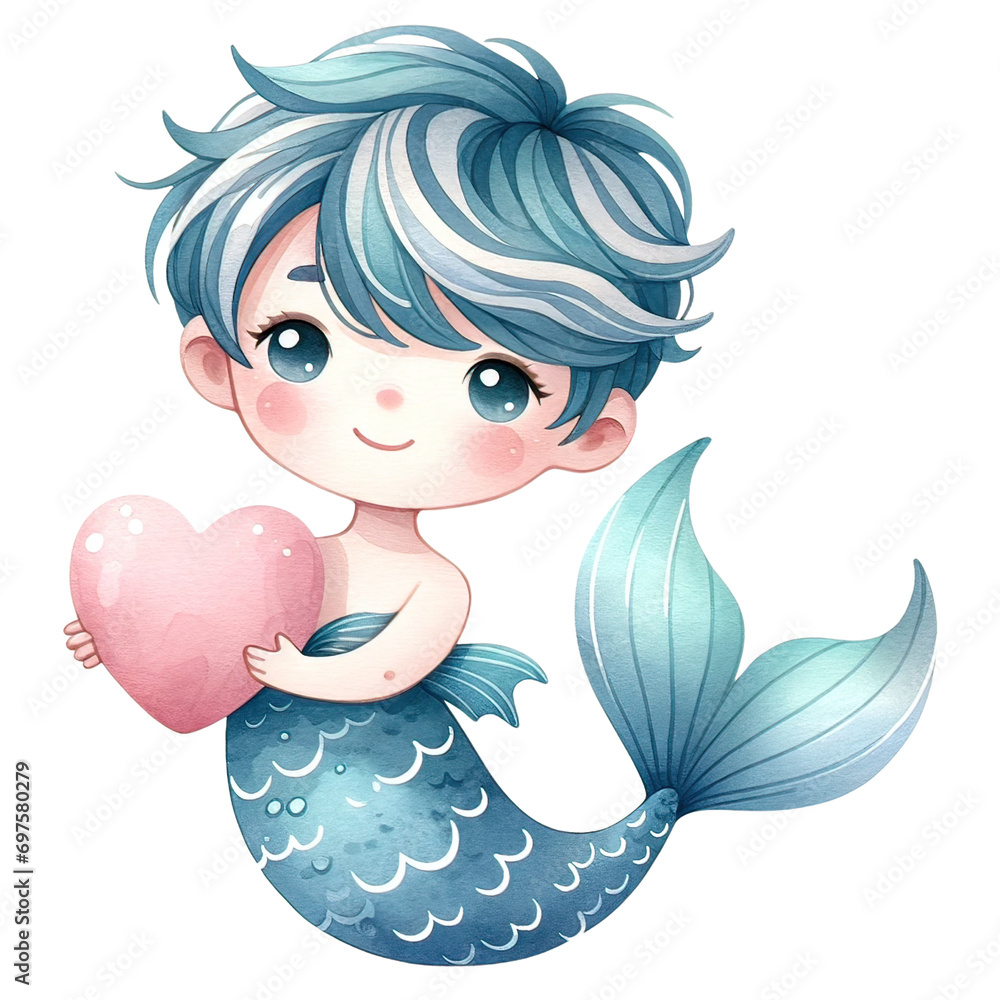 Adorable cartoon illustration of a young merboy with blue hair, holding a sparkling heart, evoking feelings of underwater fantasy and love.
