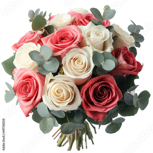 Bouquet of roses with eucalyptus leaves on transparent background