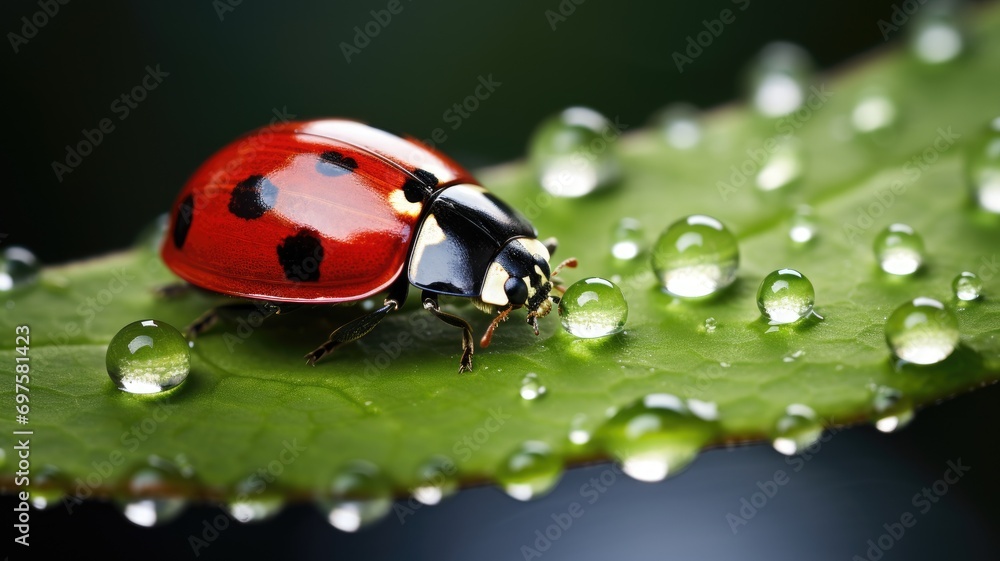 Fototapeta premium Ladybug on a leaf with water droplets