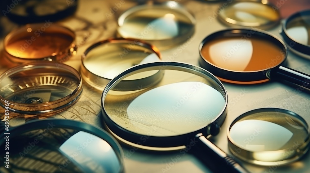 Assorted magnifying glasses on a map