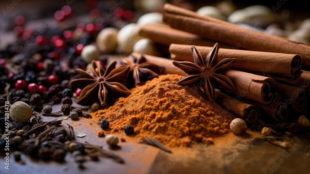 Assortment of spices and herbs with cinnamon and star anise