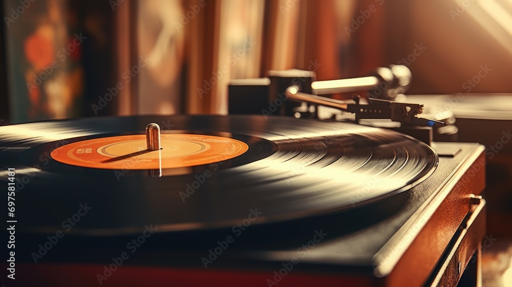 A vinyl record spinning on a turntable with a warm ambiance - obrazy, fototapety, plakaty 