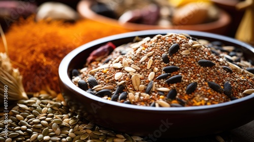 Bowl of birdseed mix with diverse grains and seeds photo