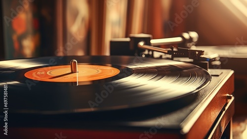 A vinyl record spinning on a turntable with a warm ambiance photo