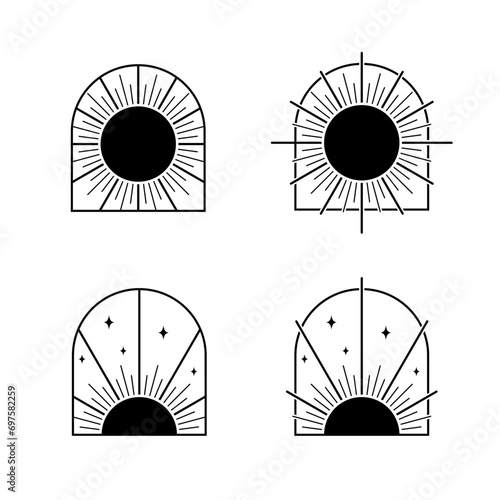 Black sun light rays in frame minimal boho tattoo icon vector design