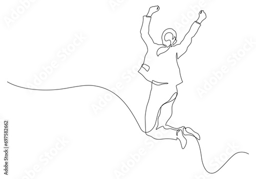 happy business woman jumping successful celebrating triumph hands up continuous line drawing