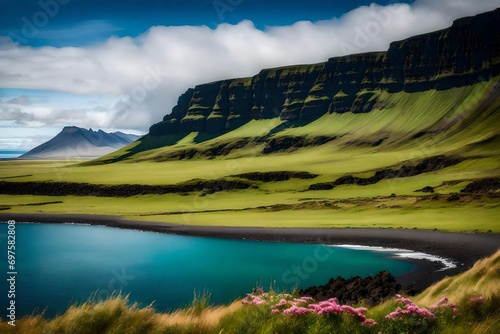 A stunningly detailed 105mm lens photograph of a vibrant valley in Iceland, where a palm tree stands against a backdrop of mountains and a wide green expanse, overlooking the ocean © Nazia