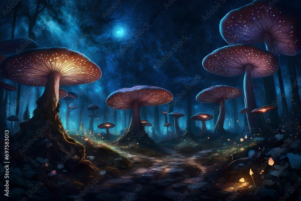 A panoramic image of a fantasy forest with giant, otherworldly fungi and plants, under a starry night sky. Glowing butterflies with translucent wings add a dreamlike quality to the scene.