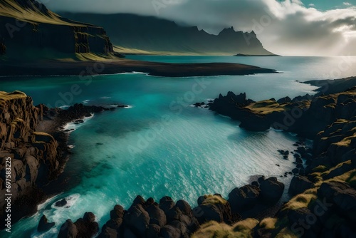 Iceland's enchanting daylight, a hidden cove adorned with palm trees, small iridescent stones that shimmer, and an awe-inspiring ocean vista.