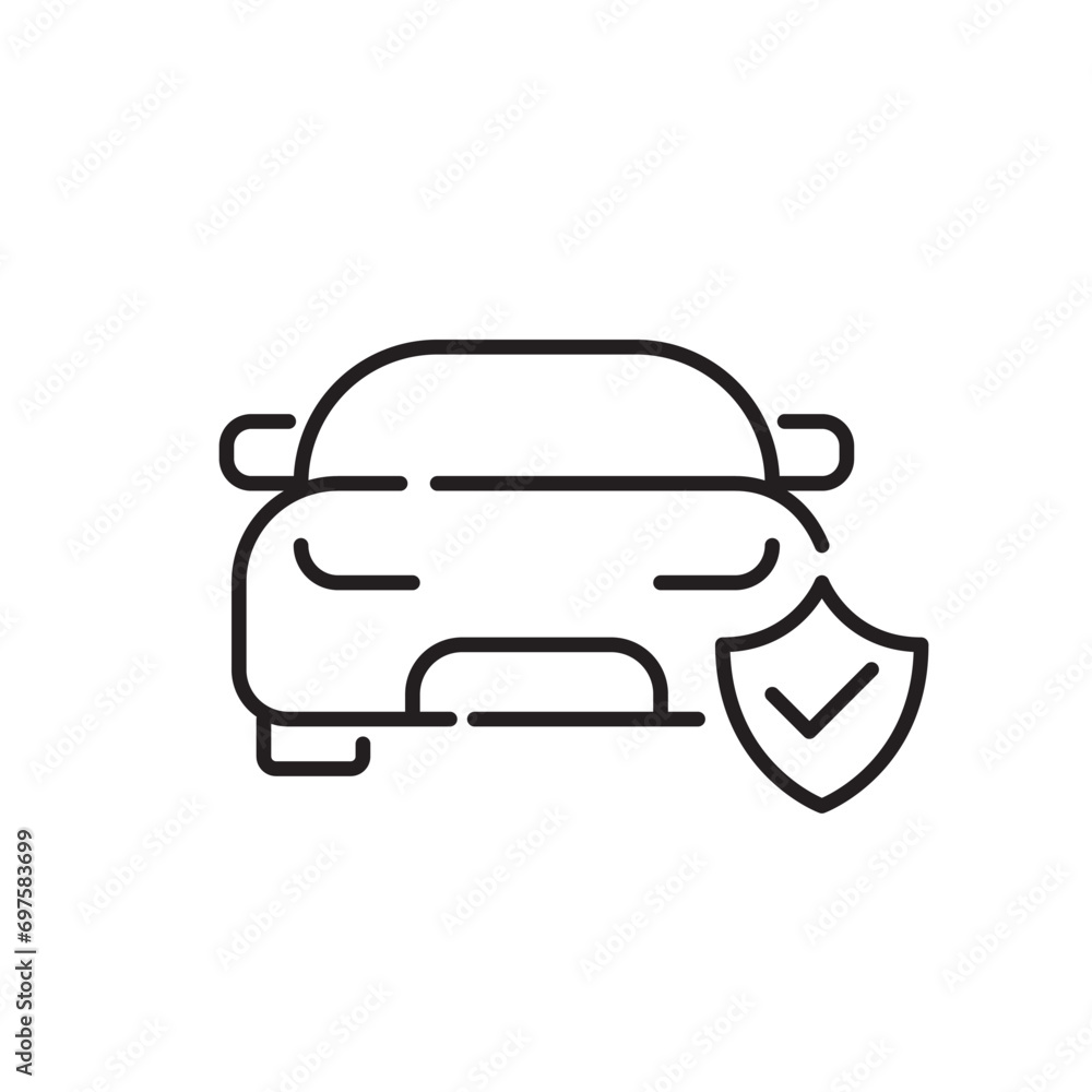 Car insurance. Protection shield, check mark and vehicle. Pixel perfect, editable stroke icon