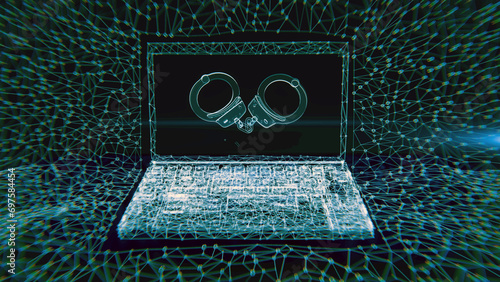 A handcuff in 3D illustration, presented on the screen of a laptop and stylized in abstract molecular hologram form with a wire frame network around it. photo
