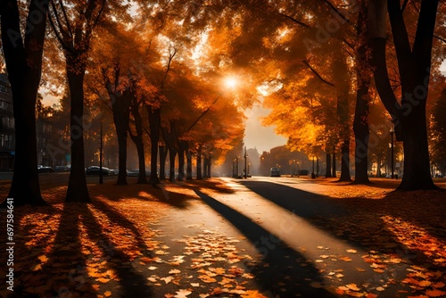 A cityscape at sunset in autumn  where the warm sunlight filters through the trees  casting long shadows over the fallen leaves on the road.