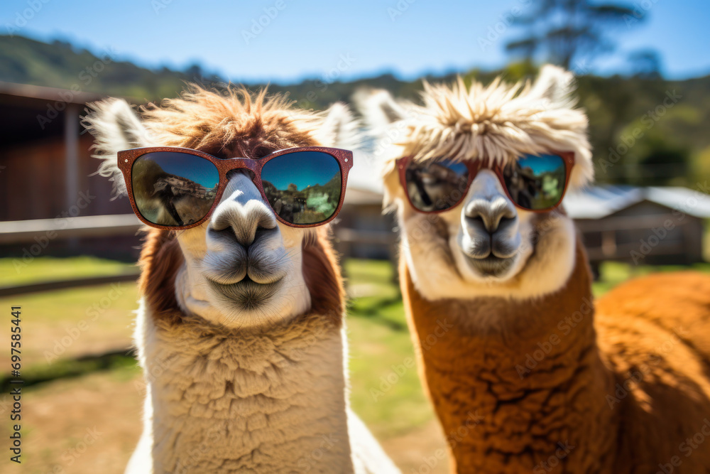 Obraz premium Funny alpacas wearing in sunglasses in a farmyard.