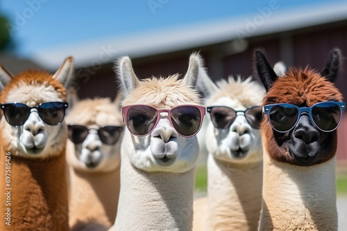 Funny alpacas wearing in sunglasses in a farmyard. photo