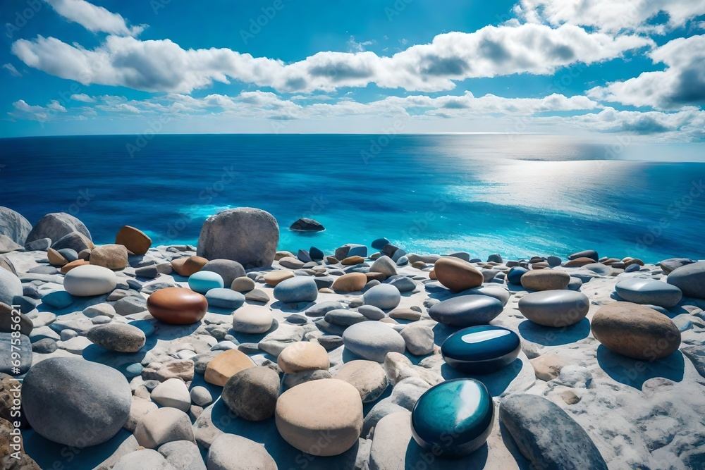 A breathtaking closeup of vibrant balance stones under a brilliant blue sky, overlooking the endless ocean. A breathtaking closeup of vibrant balance stones under a brilliant blue sky, overlooking the endless ocean.