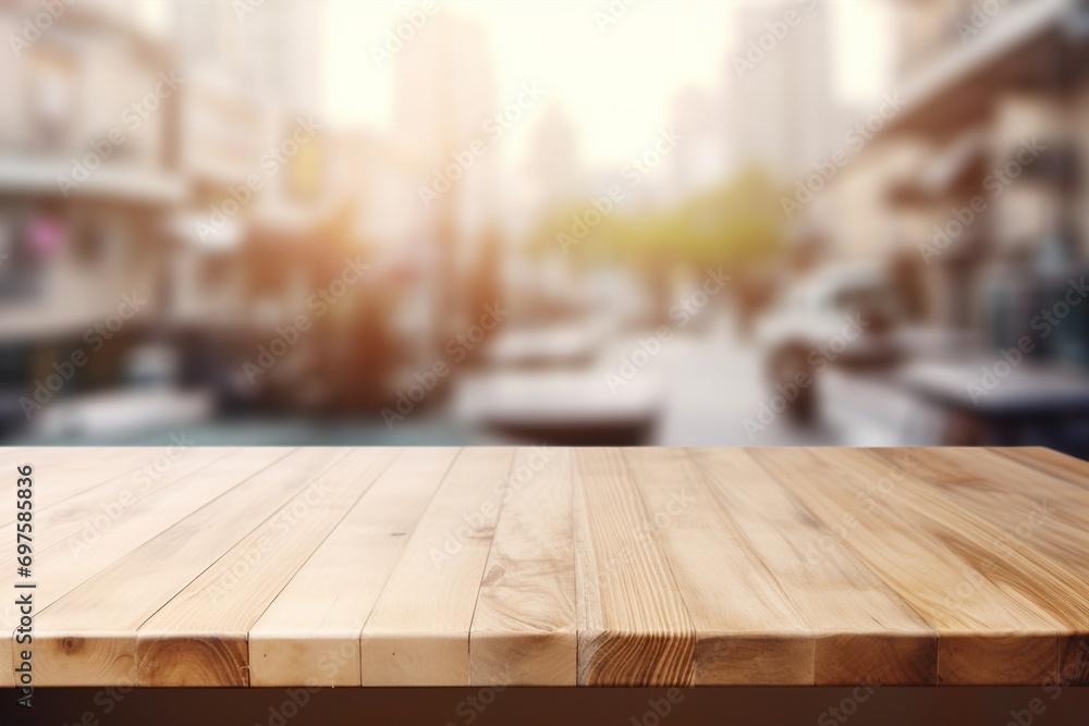 A wood table top stands out against a blurred kitchen environment, making it a valuable resource for montages and design mockups. Created with generative AI tools A wood table top stands out against a blurred kitchen environment, making it a valuable resource for montages and design mockups. Created with generative AI tools