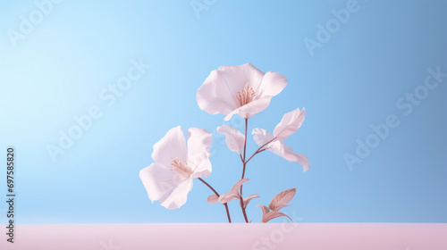 Delicate pink flowers poised elegantly against a soft blue and pink gradient.