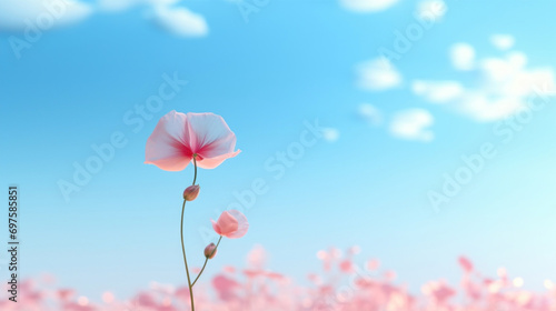 A vibrant pink flower stands out under a clear blue sky with fluffy clouds.