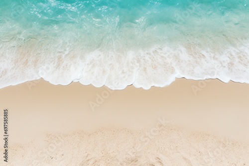 An abstract sand beach, with transparent light blue waves and sun-dappled shores—a magnificent summer vacation background concept. Created with generative AI tools © Oleksii