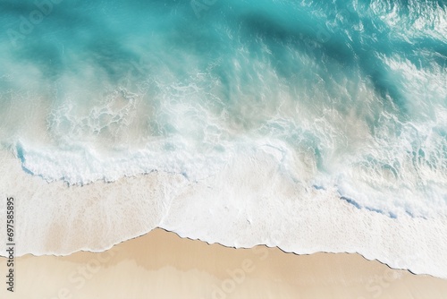 An abstract sand beach, with transparent light blue waves and sun-dappled shores—a magnificent summer vacation background concept. Created with generative AI tools