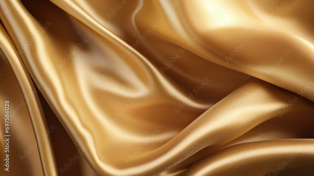 Fototapeta premium A close-up of flowing gold satin cloth, with soft waves creating an elegant and luxurious background texture.