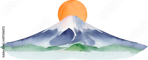 日本の綺麗な山から初日の出(朝日)が昇る水彩イラスト photo