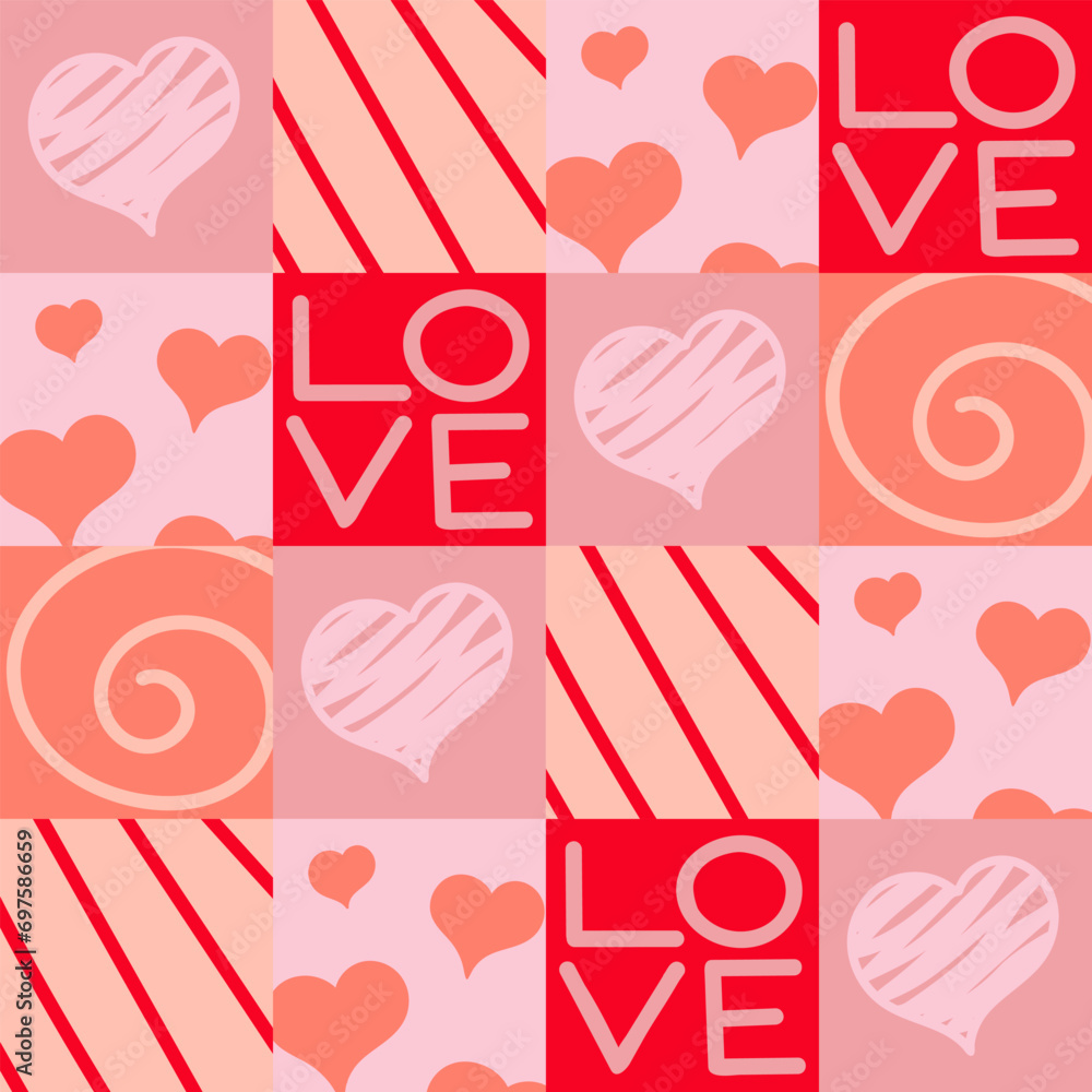 Vector abstract, seamless geometric pattern of pink tiles with a heart and the inscription love, for Valentine's Day. Fashionable cage. for print, paper, Internet, social networks. Vector abstract, seamless geometric pattern of pink tiles with a heart and the inscription love, for Valentine's Day. Fashionable cage. for print, paper, Internet, social networks.