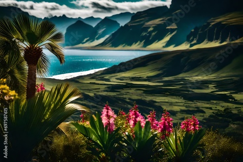 palm tree stands out against a backdrop of towering mountains  a vast green expanse