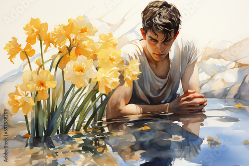 Narcissus reflecting in the pond. Generative AI watercolor illustration. photo