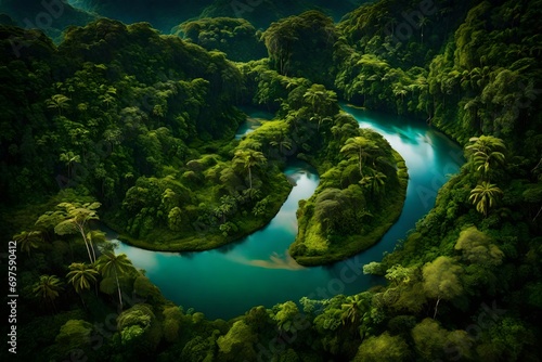 A bird's-eye view of a winding river meandering through the rainforest.