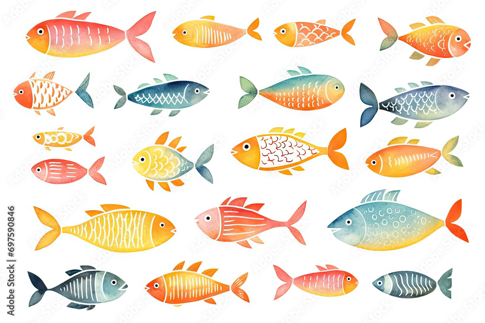 Watercolor Fishes Isolated, Sketched Fish Flock, Doodle Fish Set on White Background - obrazy, fototapety, plakaty 