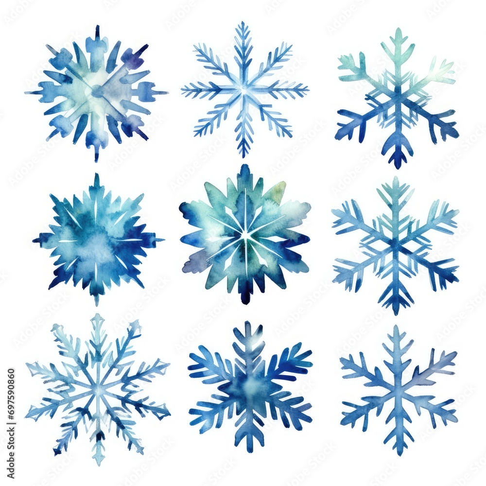 Watercolour Snowflakes Set Isolated, Watercolour Snow Flake Shapes, Aquarel Snow Symbols Watercolour Snowflakes Set Isolated, Watercolour Snow Flake Shapes, Aquarel Snow Symbols