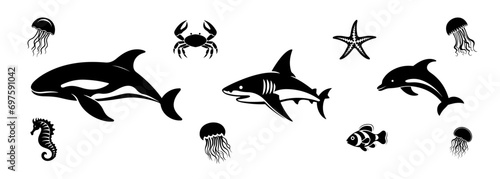 Shark, dolphin, whale, starfish, fish, jellyfish, seahorse, crab illustration, logo. Vector icon drawing on white background