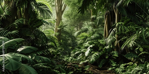 A vibrant and dense jungle filled with an abundance of green plants. Ideal for nature enthusiasts and tropical-themed projects