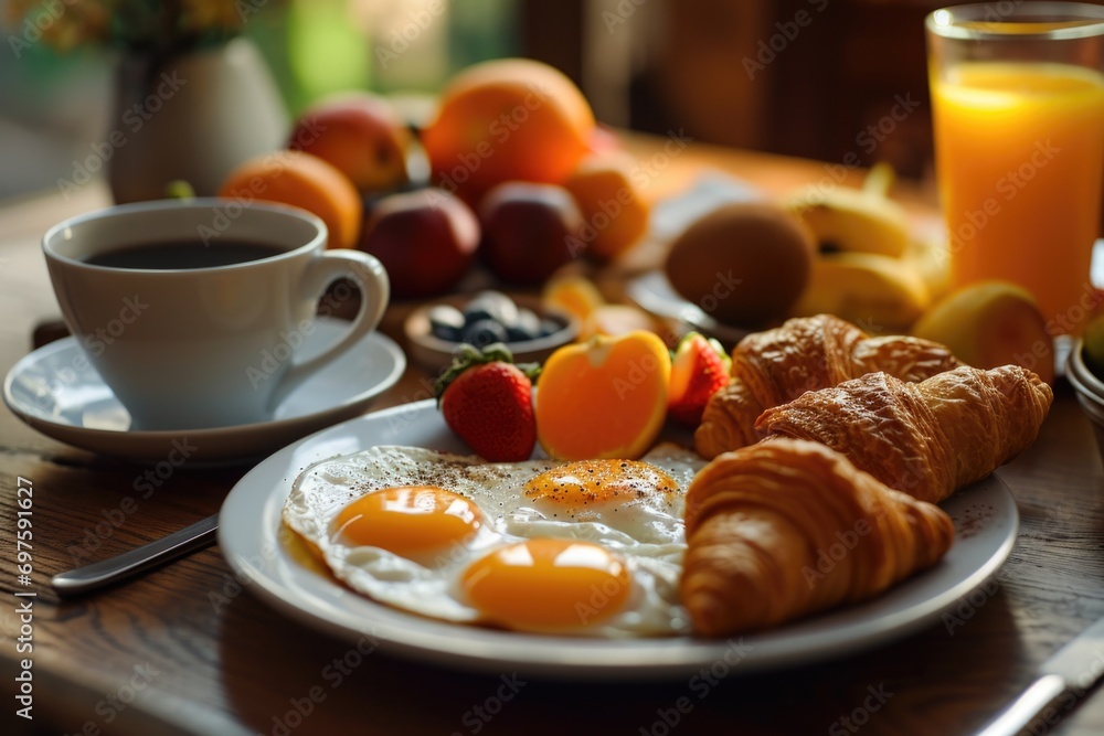 A delicious breakfast plate with eggs, fresh fruit, and a steaming cup of coffee. Perfect for a healthy start to the day or a cozy brunch. A delicious breakfast plate with eggs, fresh fruit, and a steaming cup of coffee. Perfect for a healthy start to the day or a cozy brunch.
