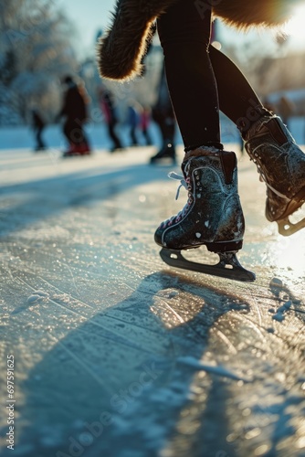 A close-up view of a person's legs wearing ice skates. Perfect for winter sports or ice skating themed projects