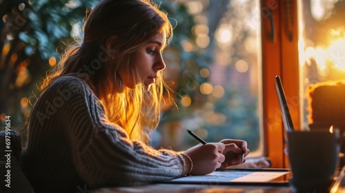 A woman is seated at a table  working on her laptop. This versatile image can be used to depict concepts such as remote work  freelance  technology  or business