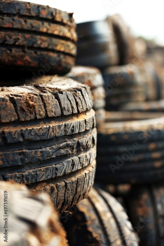 A pile of old tires stacked on top of each other. Suitable for various industrial and environmental concepts