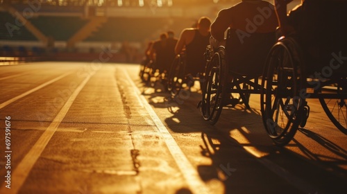 A group of people sitting in wheelchairs on a track. This image can be used to represent inclusivity, disability, or a sports event