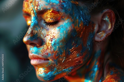 Close up of a woman's face covered in paint. Can be used for artistic projects or Halloween-themed designs
