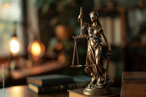 Lady Justice statue holding a sword. Suitable for legal, justice, and law-related concepts photo