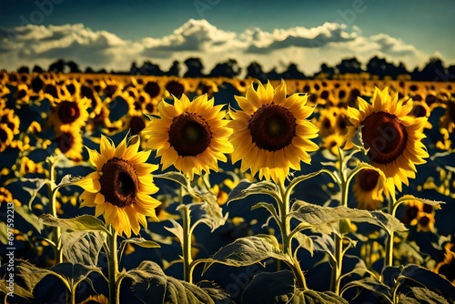 A field of bright yellow sunflowers reaching towards a deep blue sky  with the focus on one sunflower in the foreground  showcasing its detailed texture and vibrant colors.