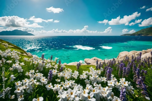 High-resolution shot using a 105mm lens of vibrant stones balanced on a green field, dotted with jasmine and lavender, overlooking a serene ocean and blue sky.