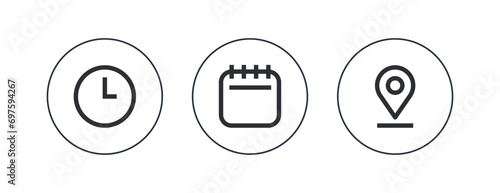 Time, date, address icon vector isolated on circle outline