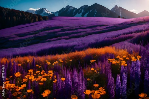 Close-up shot of a serene mountain scene at day light, , taken with a 105mm lens, showcasing a field of Different color variations flowers and a sky painted in purple photo