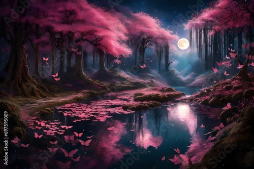 A panoramic shot of a fantasy forest under a full moon  featuring a cascade of glowing pink butterflies around a moonlit pond. The water reflects the moon and the luminescent flora around it.