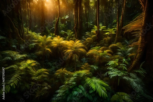 Dense rainforest vegetation bathed in the golden light of the setting sun.